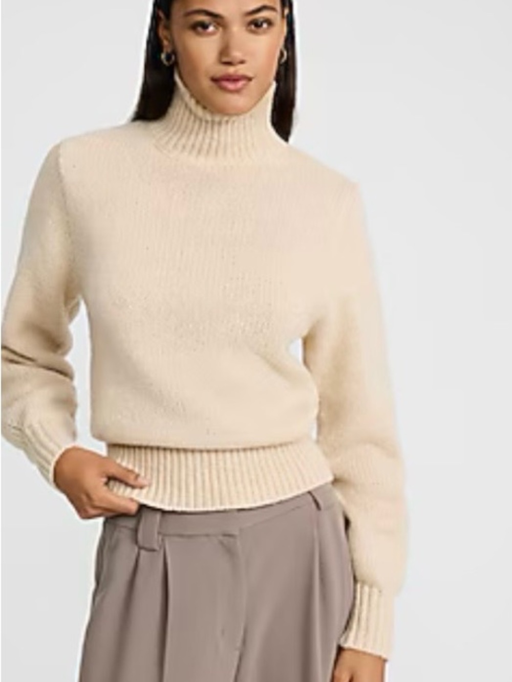 Turtleneck Rib-Hem Sweater in Cream